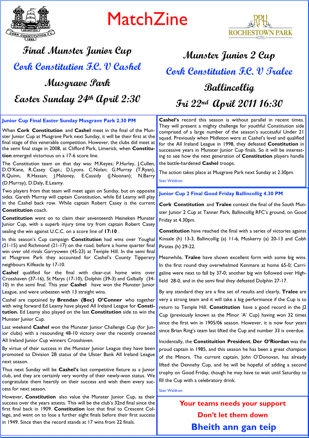 Cork Constitution F.C. V Cashel Easter 2011