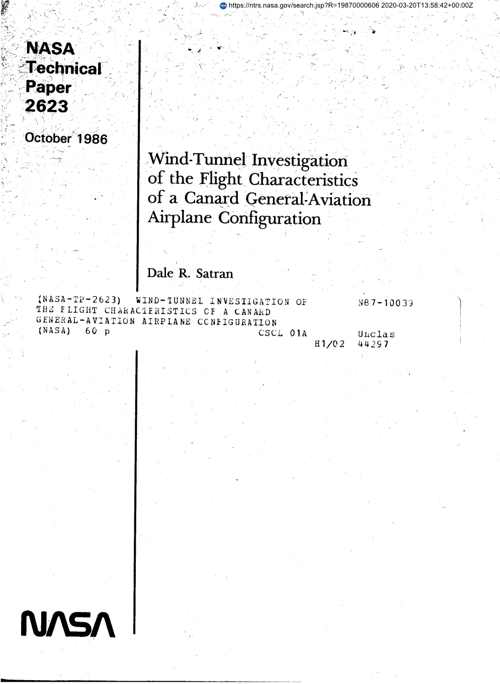Wind-Tunnel Investigation of the Flight Chasacteristics of a Canard Genera1:Aviation Airplane Coniiguration
