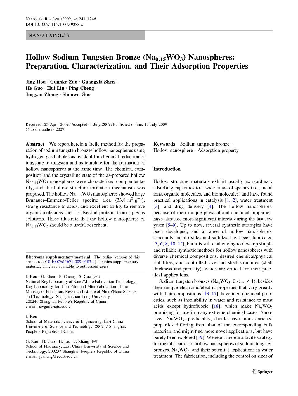 Hollow Sodium Tungsten Bronze (Na0.15WO3) Nanospheres: Preparation, Characterization, and Their Adsorption Properties