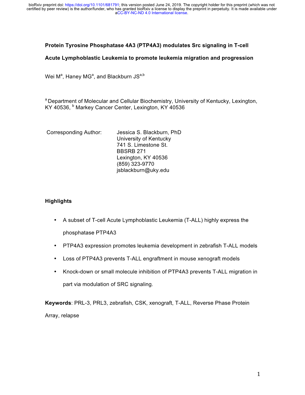 Protein Tyrosine Phosphatase 4A3 (PTP4A3) Modulates Src Signaling in T-Cell