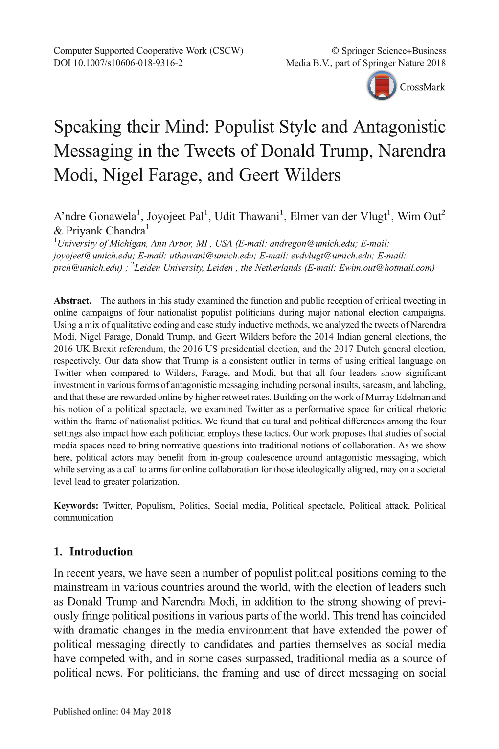 Populist Style and Antagonistic Messaging in the Tweets of Donald Trump, Narendra Modi, Nigel Farage, and Geert Wilders