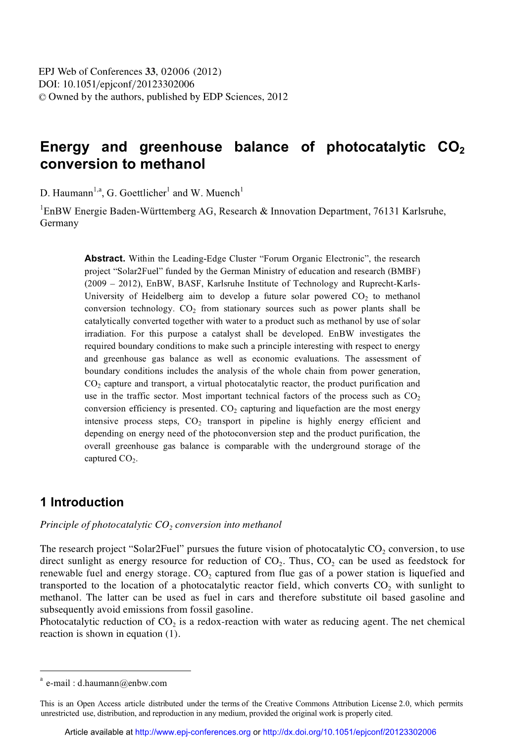 Energy and Greenhouse Balance of Photocatalytic CO2 Conversion to Methanol