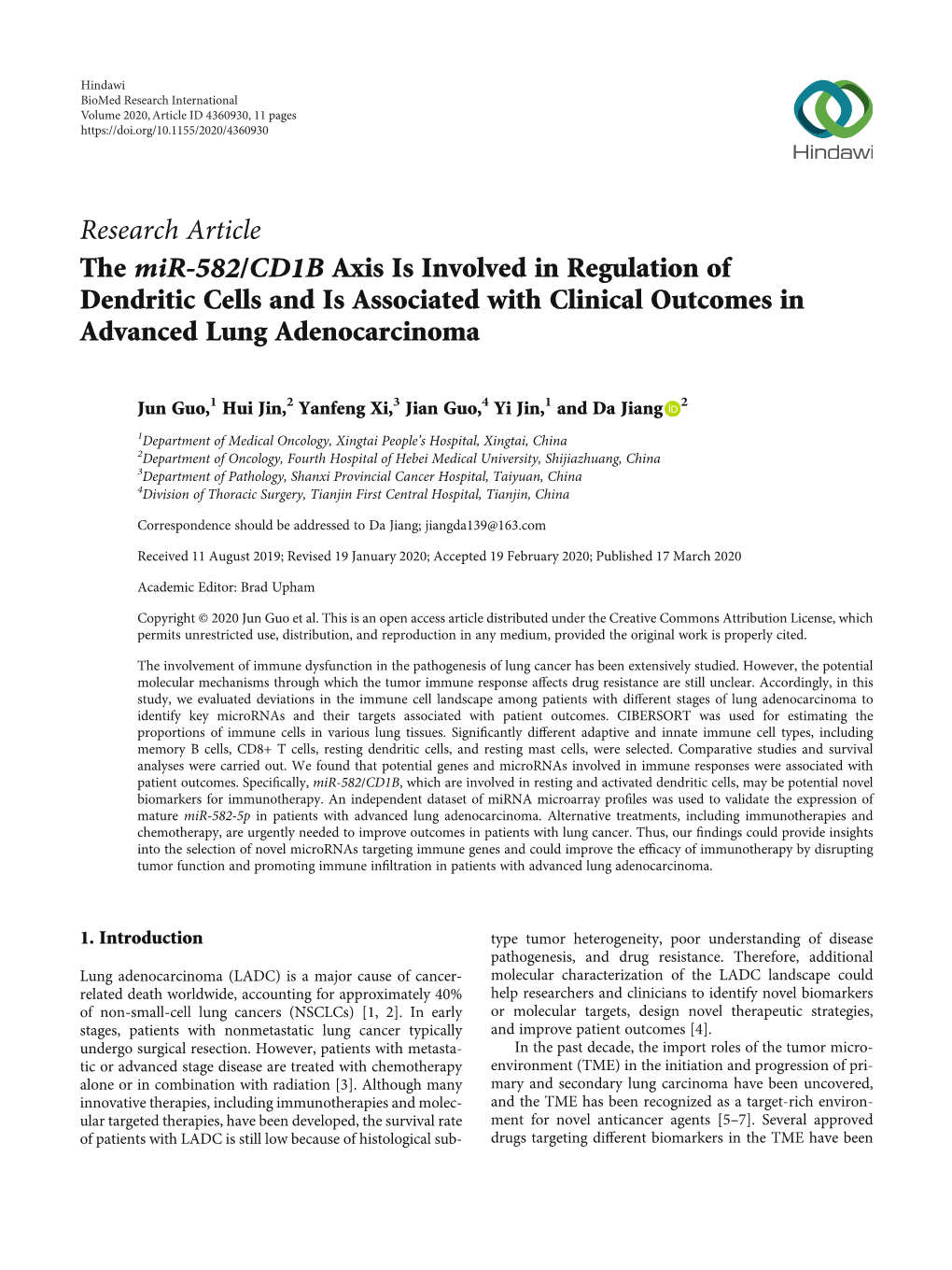Research Article the Mir-582/CD1B Axis Is Involved in Regulation of Dendritic Cells and Is Associated with Clinical Outcomes in Advanced Lung Adenocarcinoma