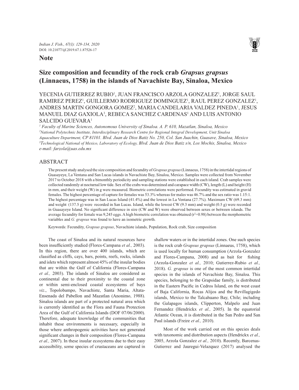 Note Size Composition and Fecundity of the Rock Crab Grapsus Grapsus (Linnaeus, 1758) in the Islands of Navachiste Bay, Sinaloa