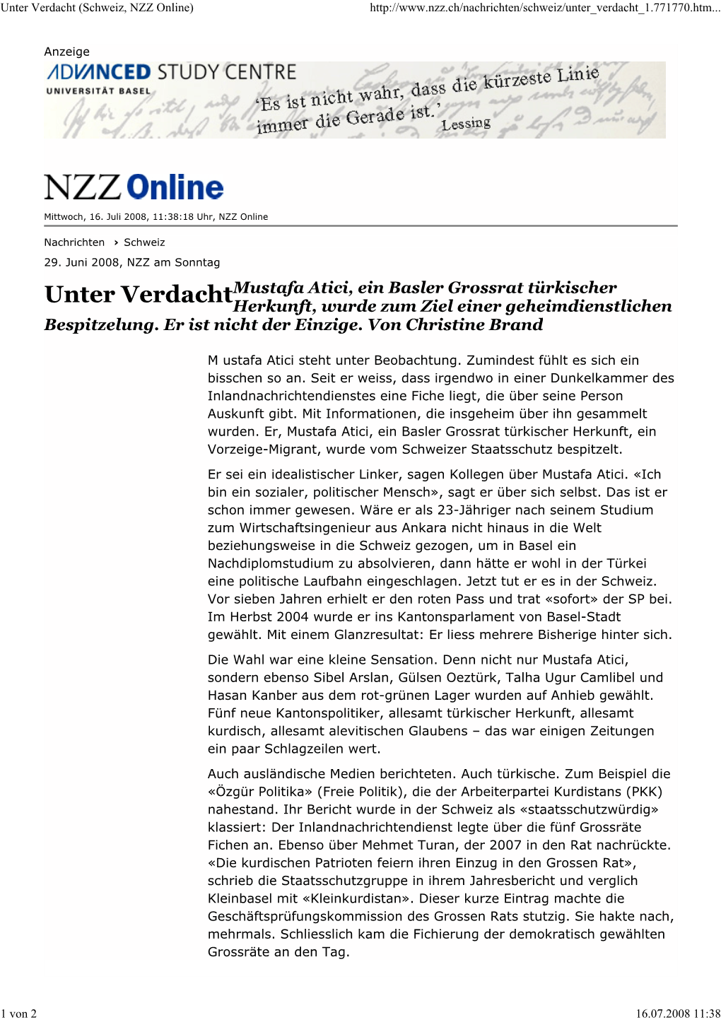 Unter Verdacht (Schweiz, NZZ Online)