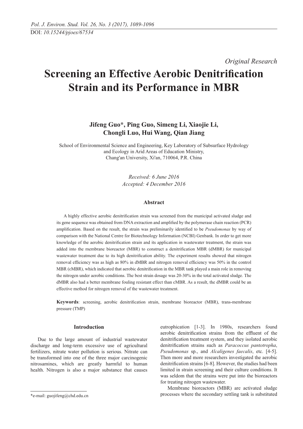 Screening an Effective Aerobic Denitrification Strain and Its Performance in MBR