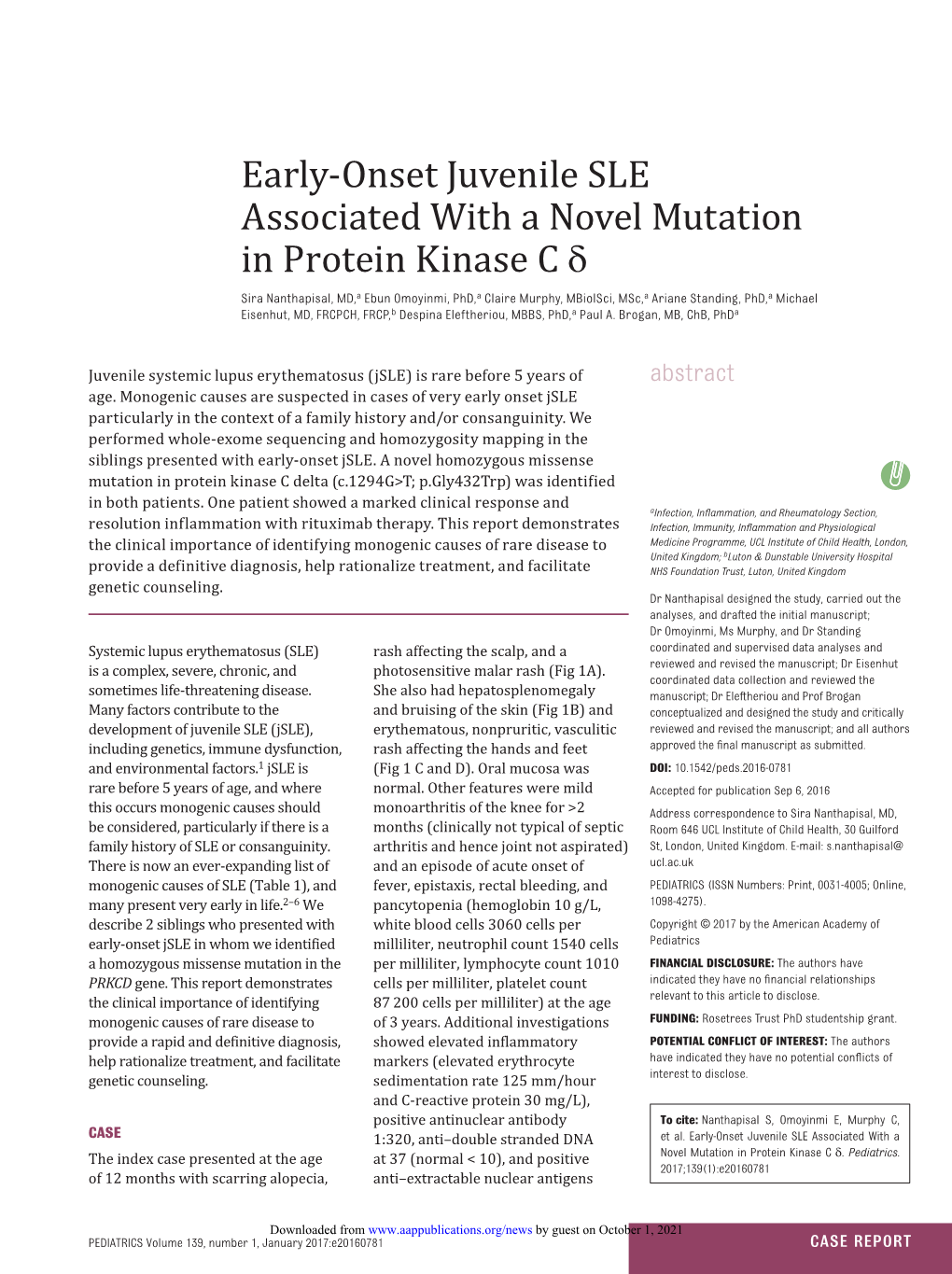 Early-Onset Juvenile SLE Associated with a Novel Mutation in Protein