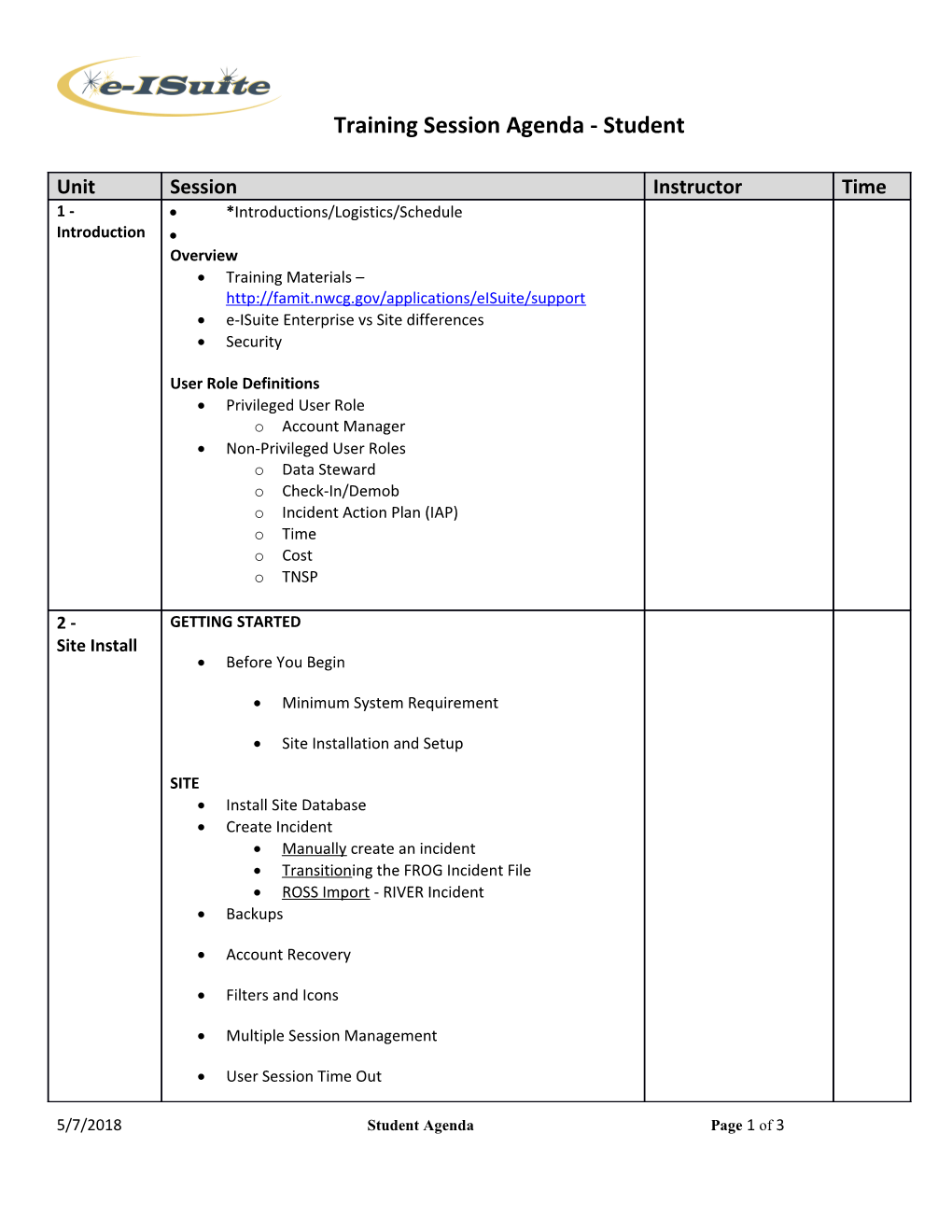 Training Session Agenda - Student