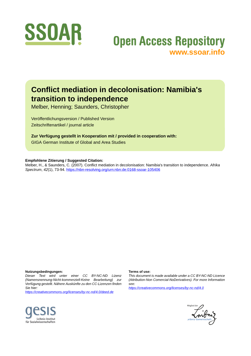 Conflict Mediation in Decolonisation: Namibia's Transition