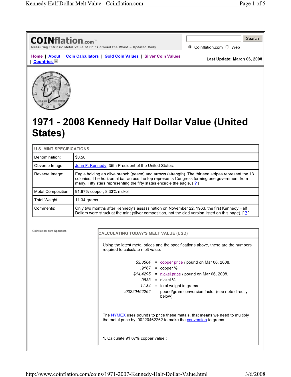 1971 - 2008 Kennedy Half Dollar Value (United States)