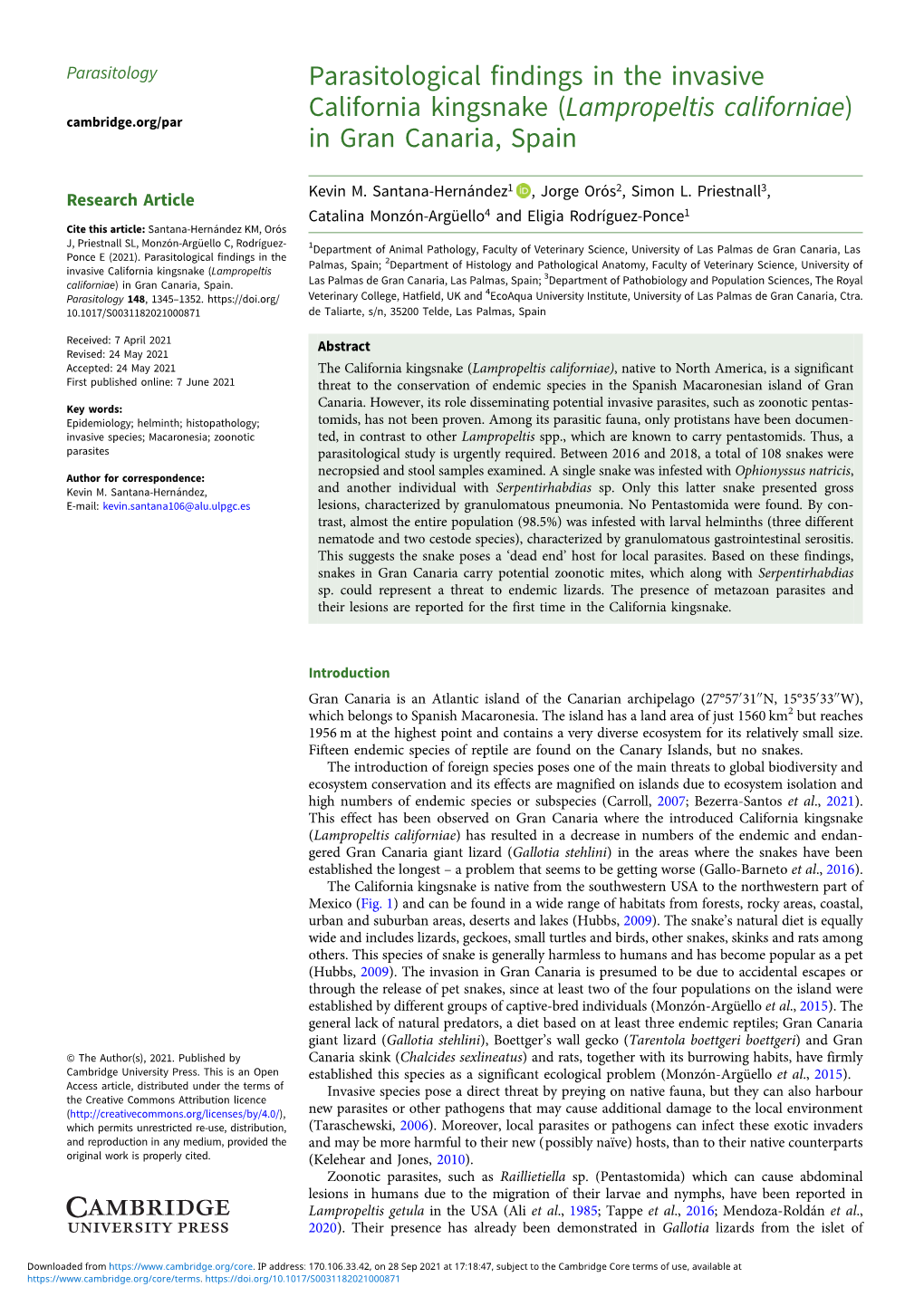 Parasitological Findings in the Invasive California Kingsnake (Lampropeltis Californiae) in Gran Canaria, Spain