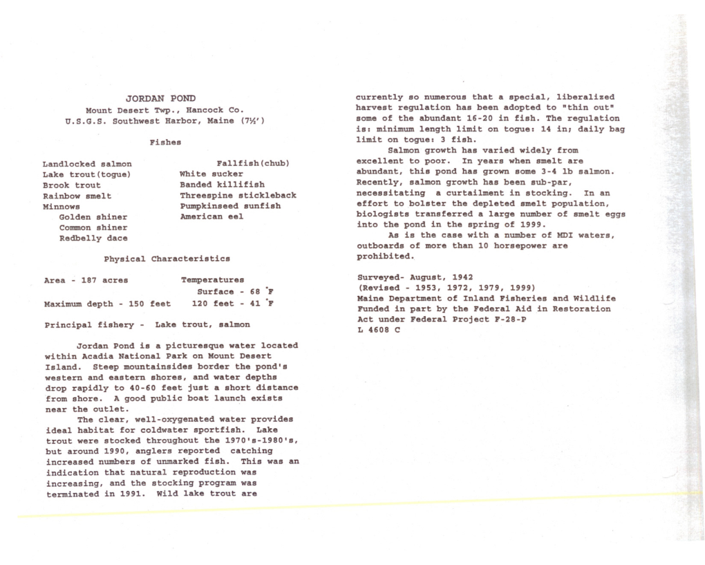 JORDAN POND Currently So Numerous That a Special, Liberalized Mount Desert Twp., Hancock Co