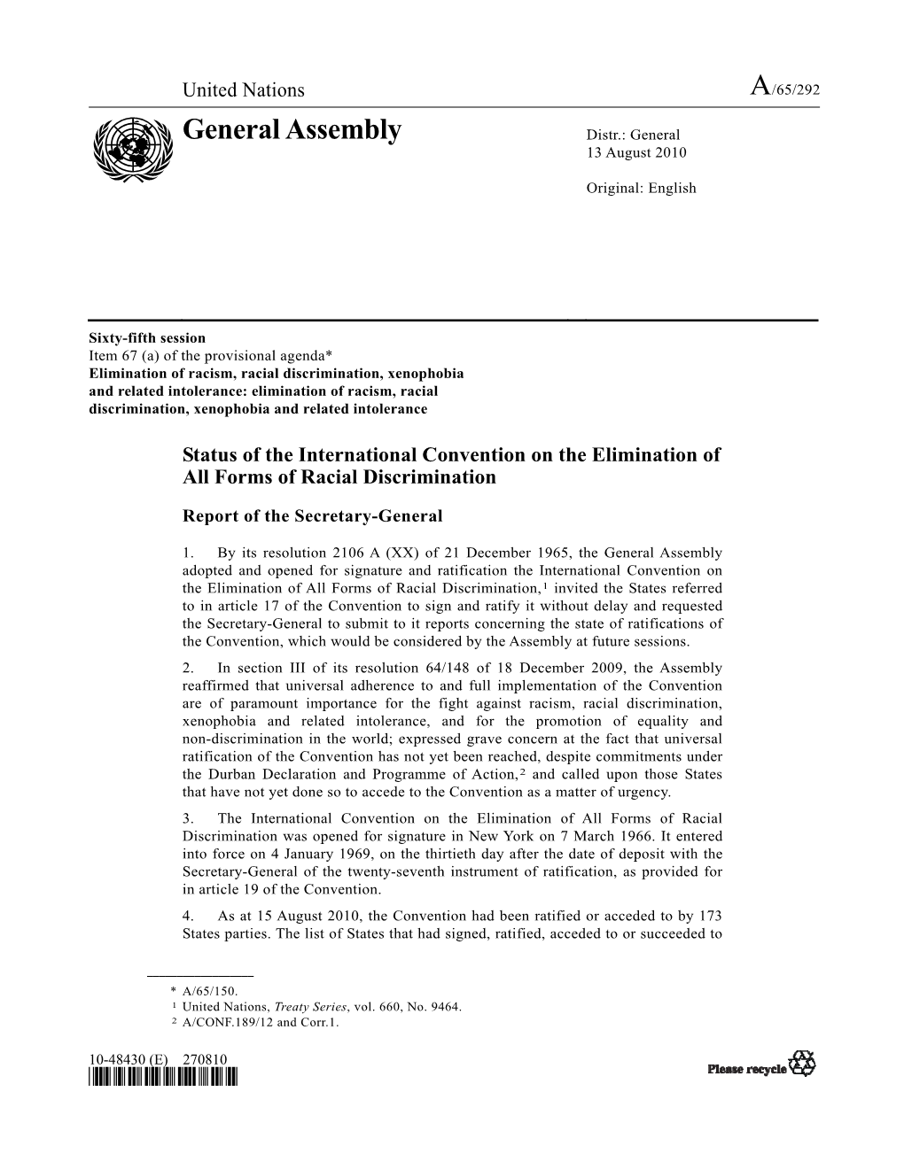 Status of the International Convention on the Elimination of All Forms of Racial Discrimination