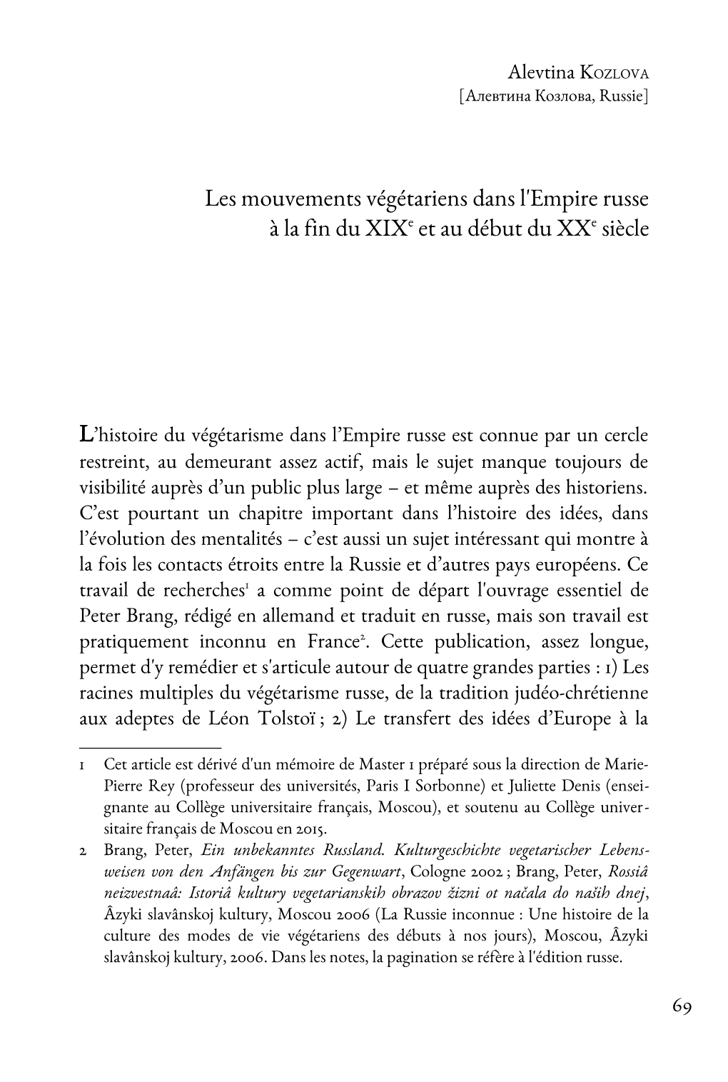 Les Mouvements Végétariens Dans L'empire Russe À La Fin Du Xixe Et Au Début Du Xxe Siècle