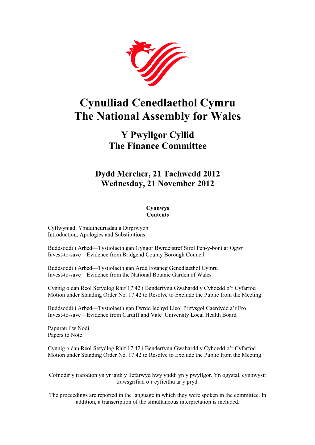 Cynulliad Cenedlaethol Cymru the National Assembly for Wales