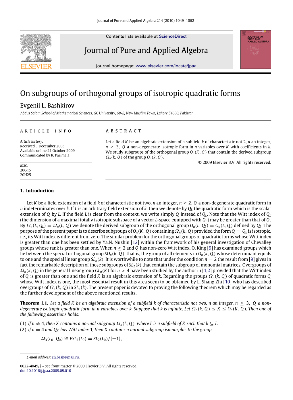 Journal of Pure and Applied Algebra on Subgroups of Orthogonal Groups