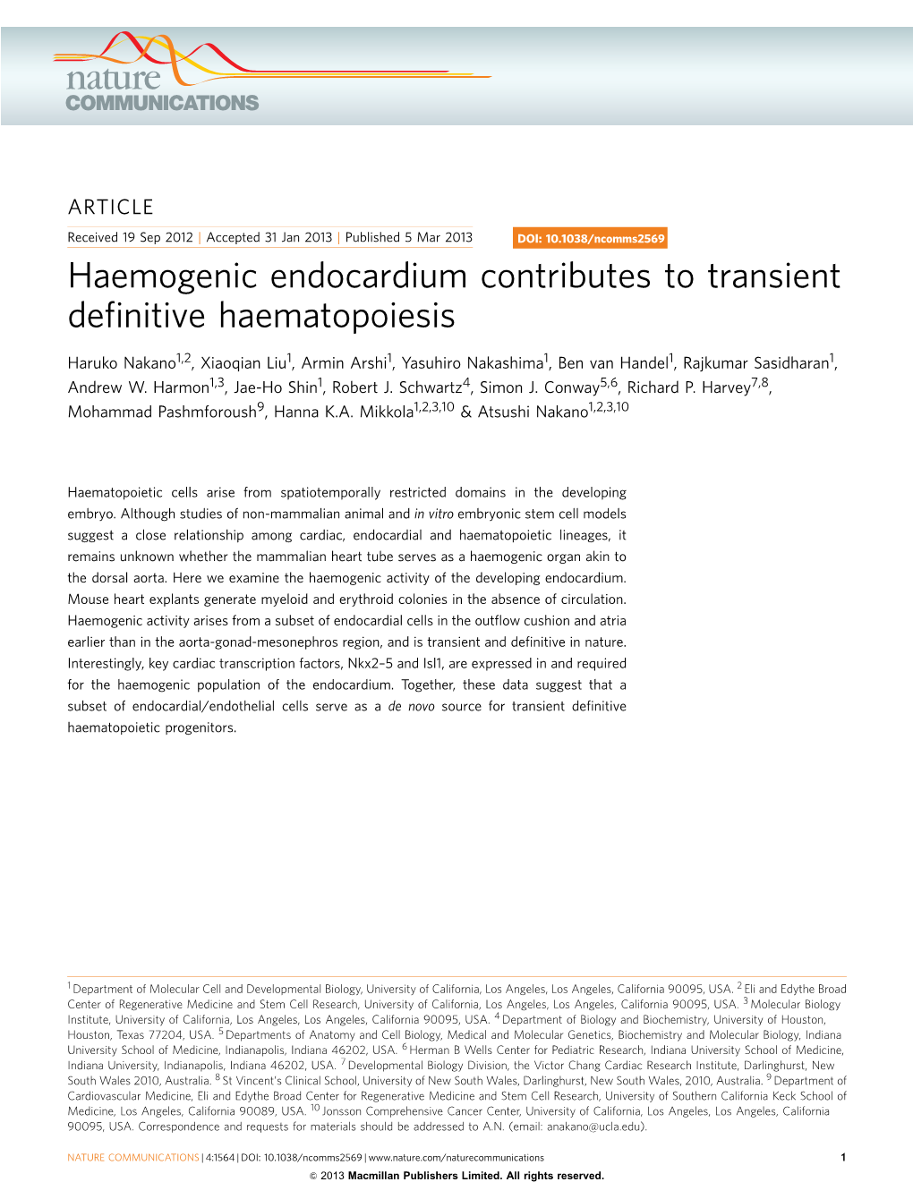 Haemogenic Endocardium Contributes to Transient Definitive Haematopoiesis