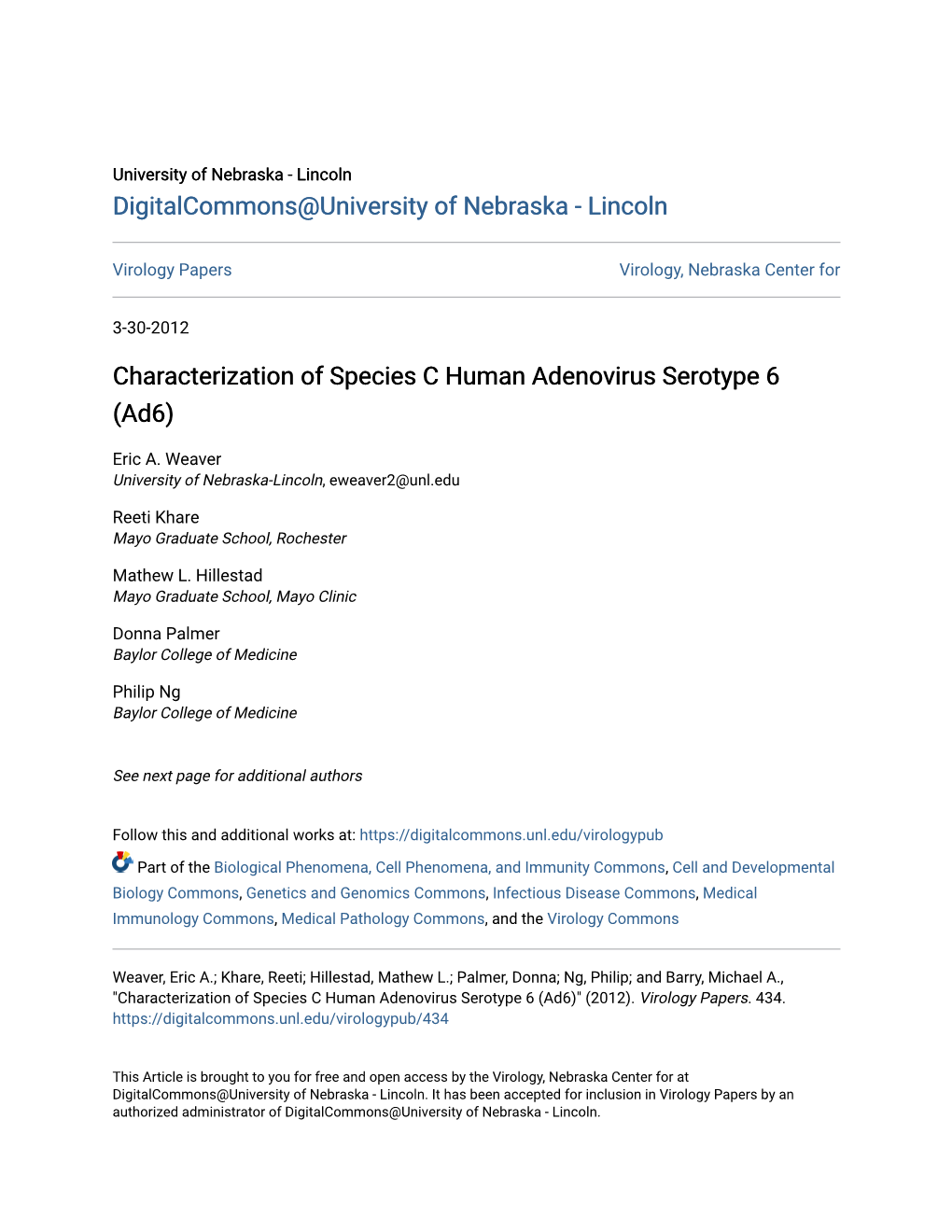 Characterization of Species C Human Adenovirus Serotype 6 (Ad6)