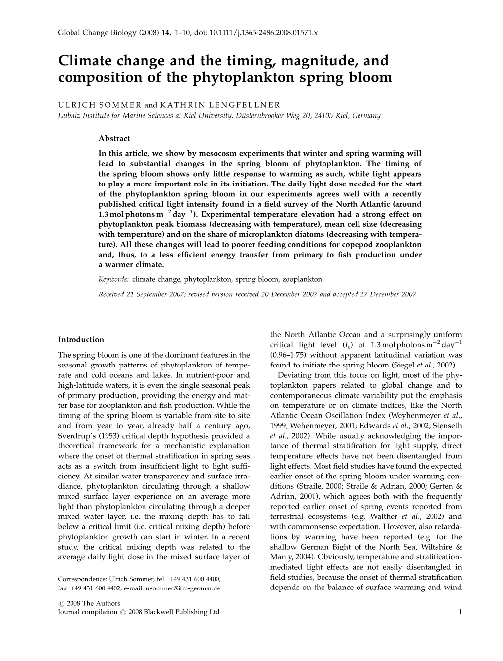 Climate Change and the Timing, Magnitude, and Composition of the Phytoplankton Spring Bloom