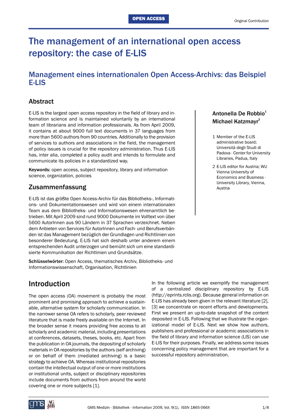 The Management of an International Open Access Repository: the Case of E-LIS