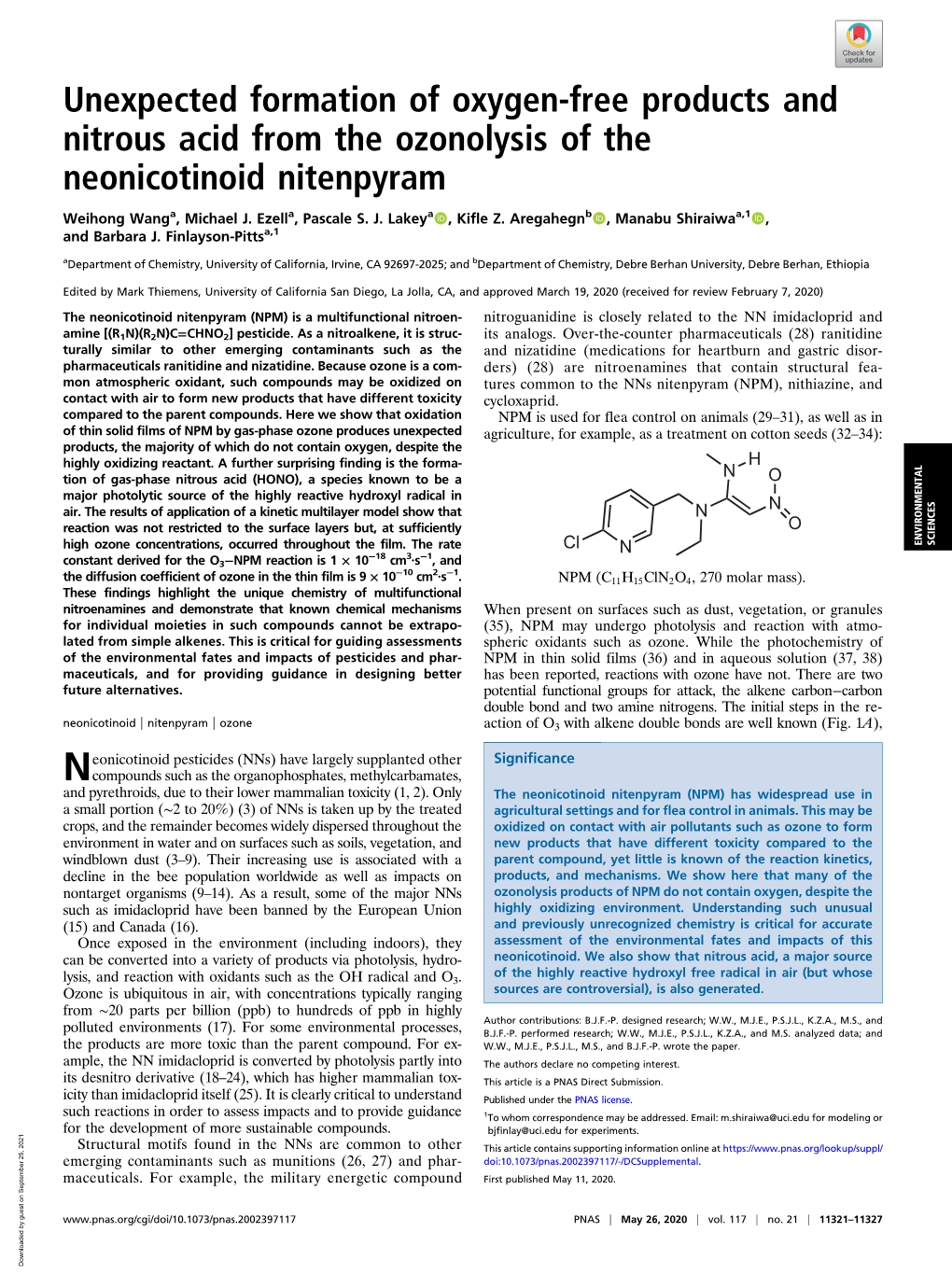 Unexpected Formation of Oxygen-Free Products and Nitrous Acid from the Ozonolysis of the Neonicotinoid Nitenpyram