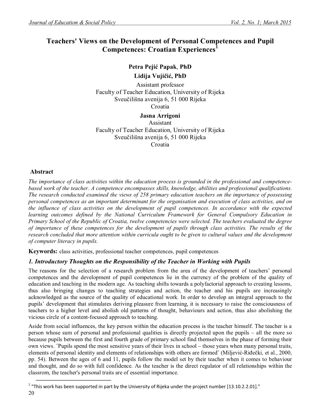 Teachers' Views on the Development of Personal Competences and Pupil Competences: Croatian Experiences1