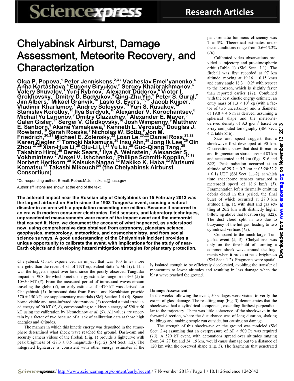 Chelyabinsk Airburst, Damage Assessment, Meteorite Recovery, and Characterization