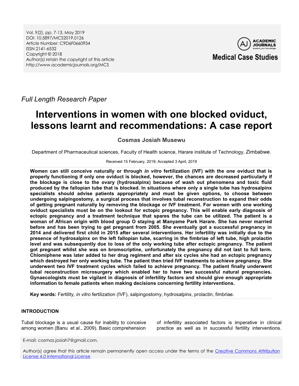 Interventions in Women with One Blocked Oviduct, Lessons Learnt and Recommendations: a Case Report