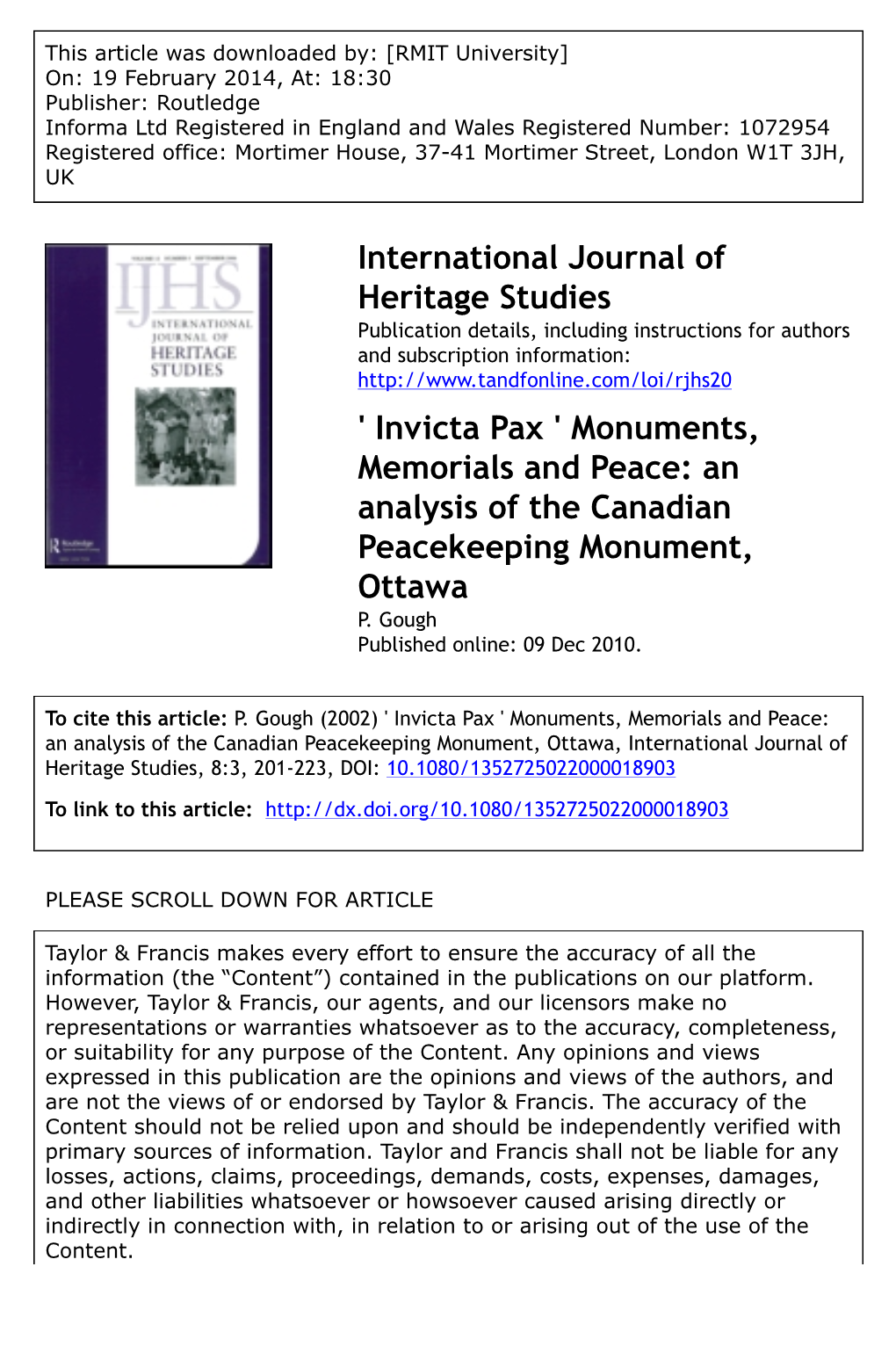 'Invicta Pax' Monuments, Memorials and Peace: an Analysis of The