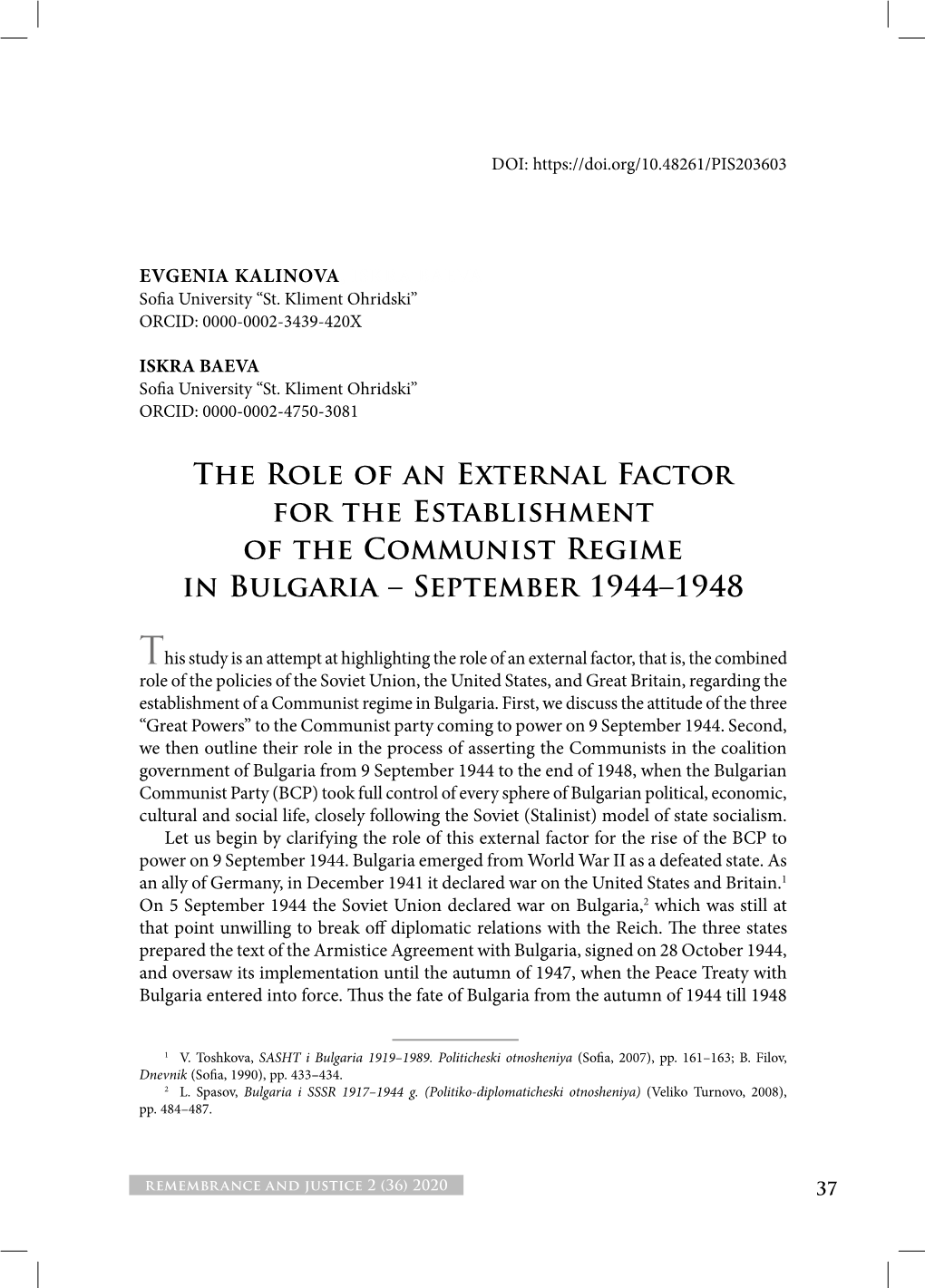 The Role of an External Factor for the Establishment of the Communist Regime in Bulgaria – September 1944–1948