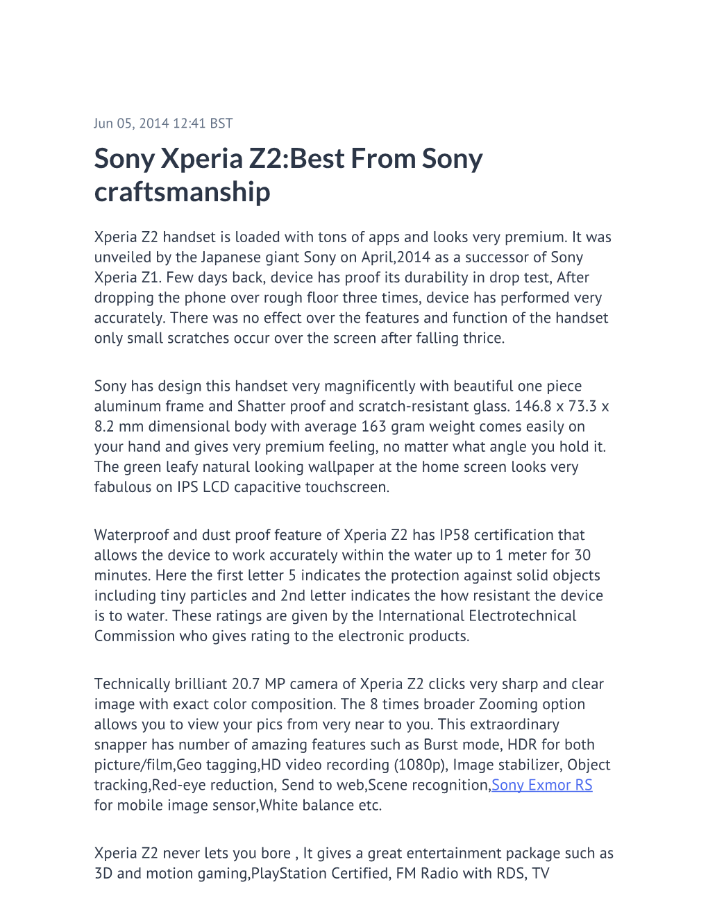 Sony Xperia Z2:Best from Sony Craftsmanship