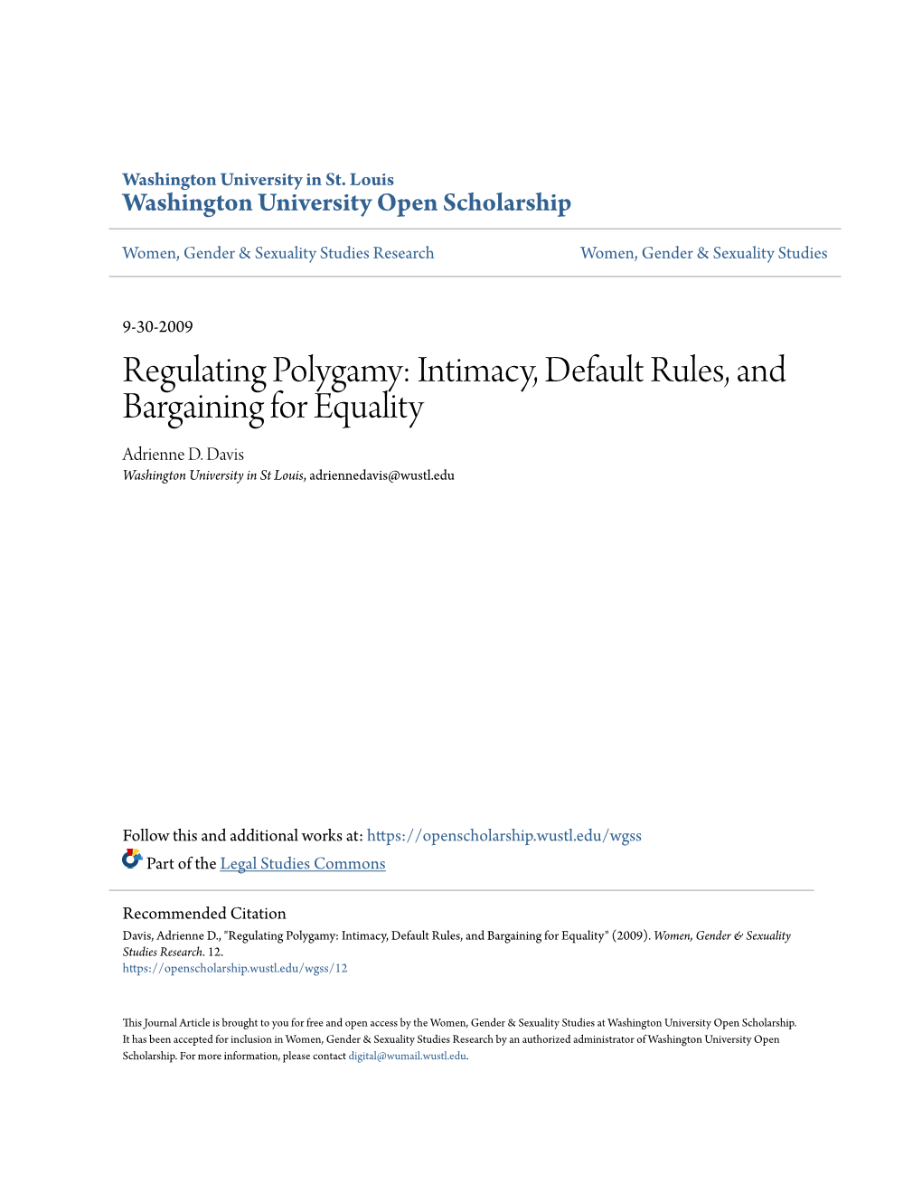 Regulating Polygamy: Intimacy, Default Rules, and Bargaining for Equality Adrienne D