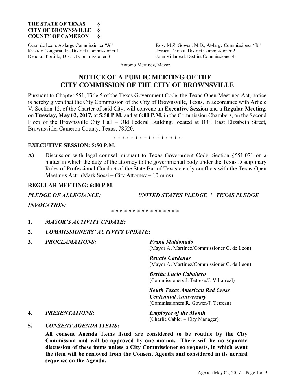 Notice of a Public Meeting of the City Commission of the City of Brownsville