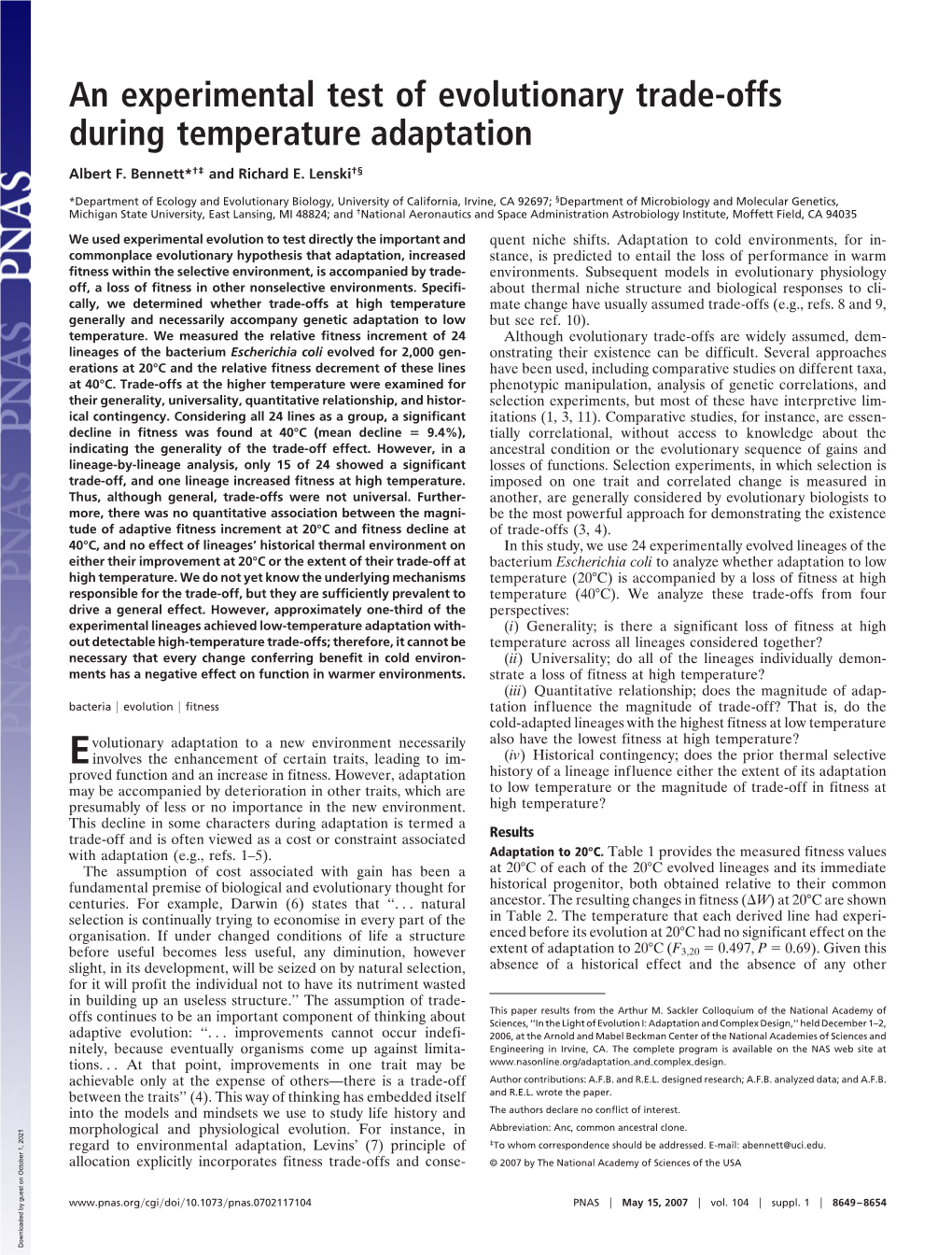 An Experimental Test of Evolutionary Trade-Offs During Temperature Adaptation