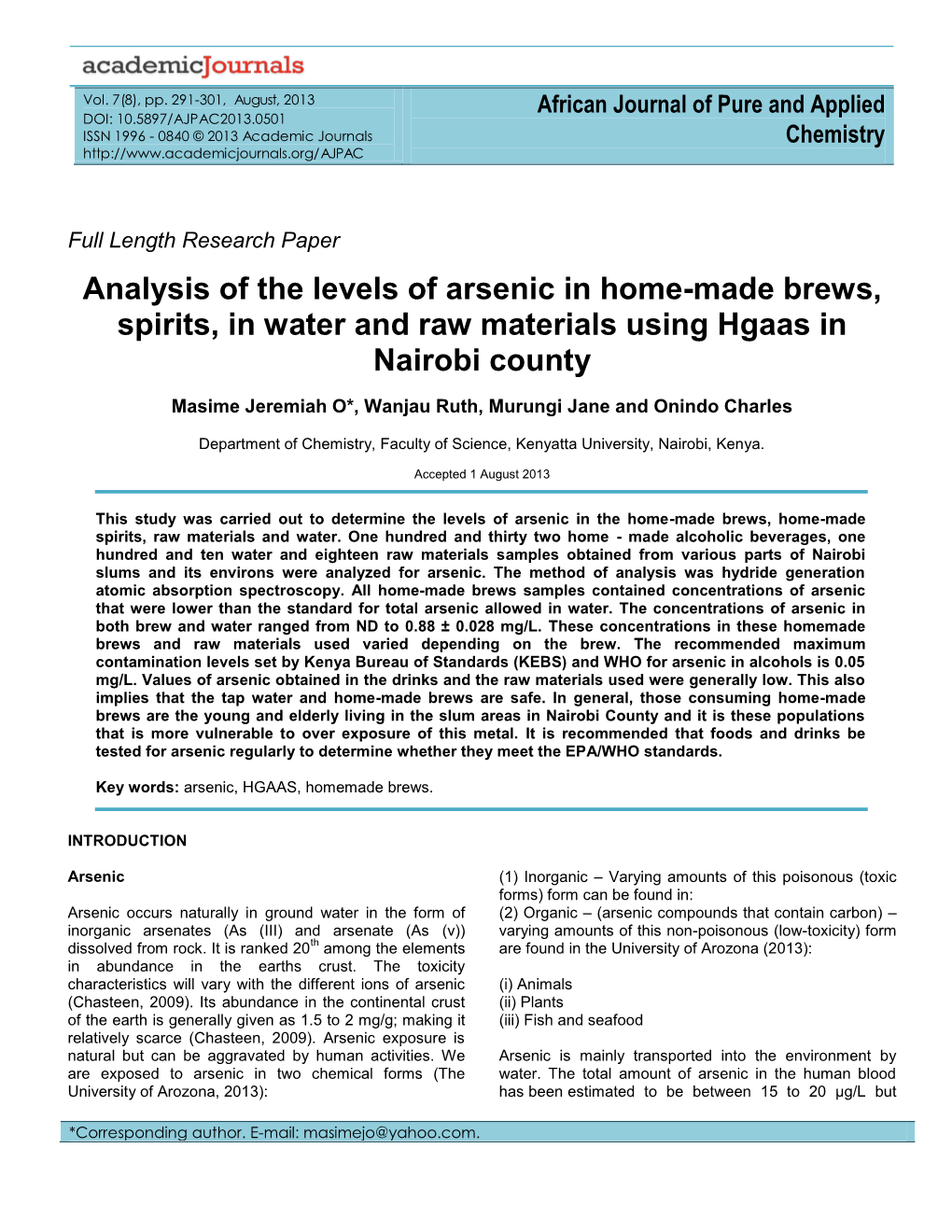 Analysis of the Levels of Arsenic in Home-Made Brews, Spirits, in Water and Raw Materials Using Hgaas in Nairobi County