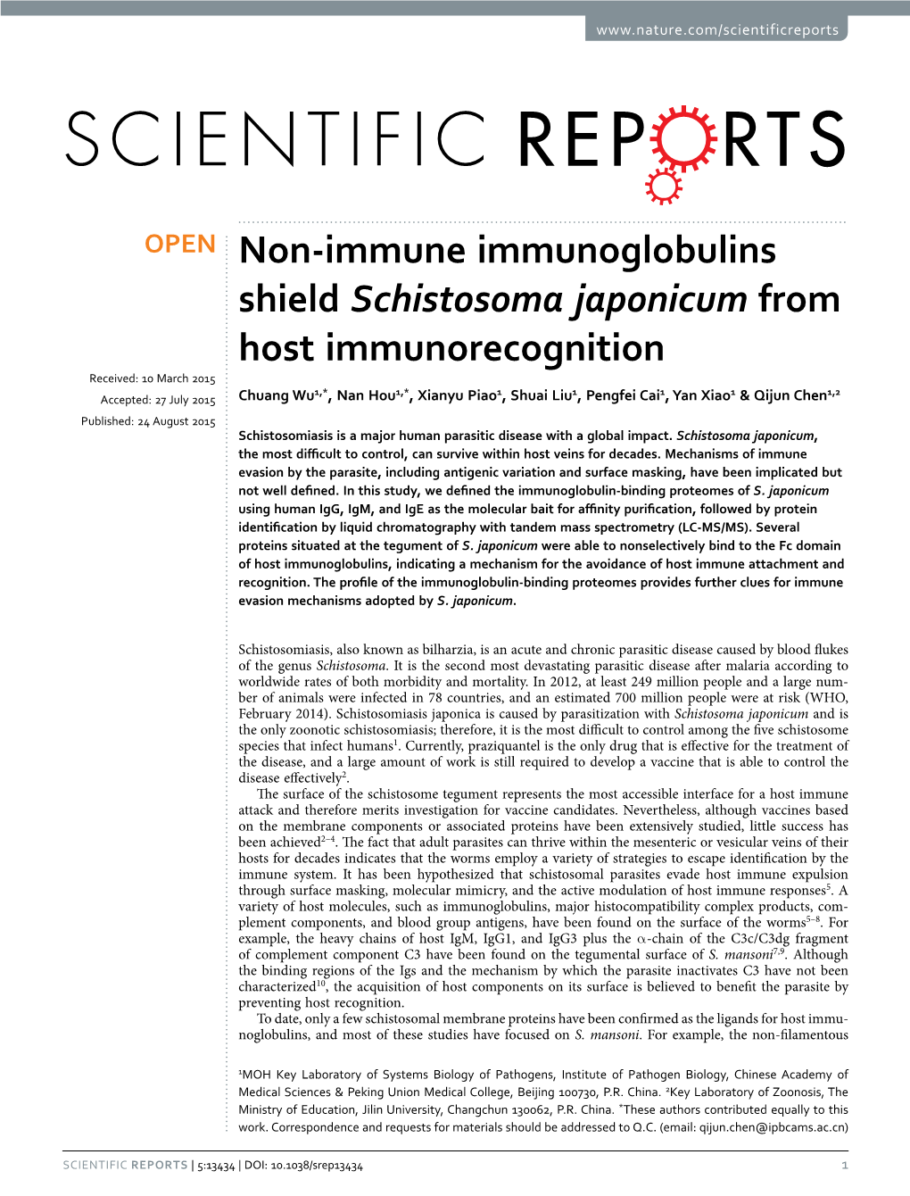Non-Immune Immunoglobulins Shield Schistosoma Japonicum from Host
