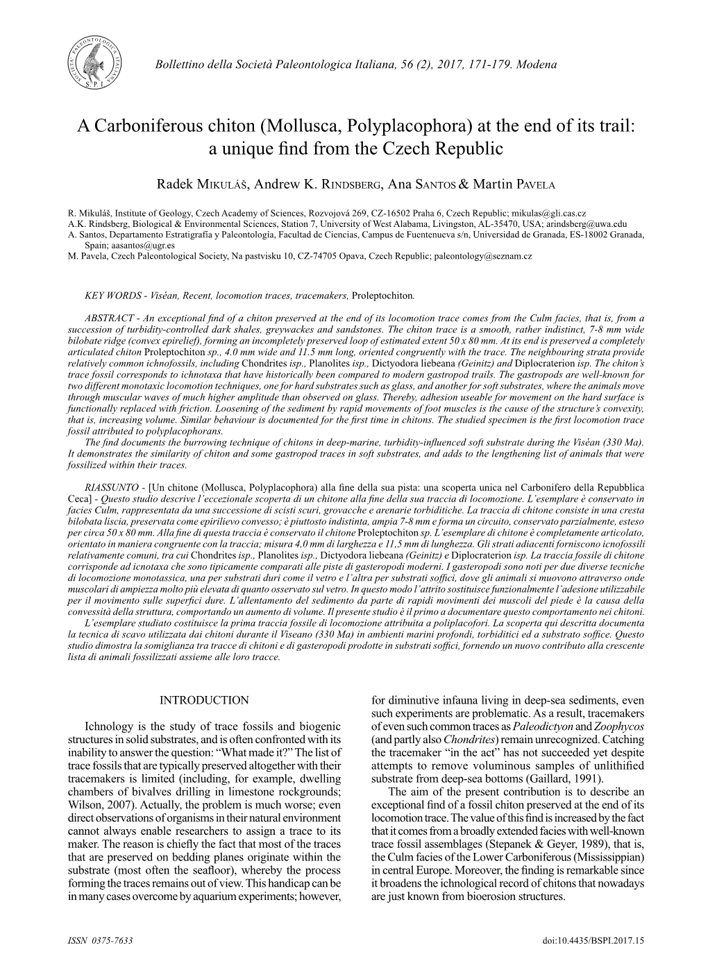 A Carboniferous Chiton (Mollusca, Polyplacophora) at the End of Its Trail: a Unique Find from the Czech Republic