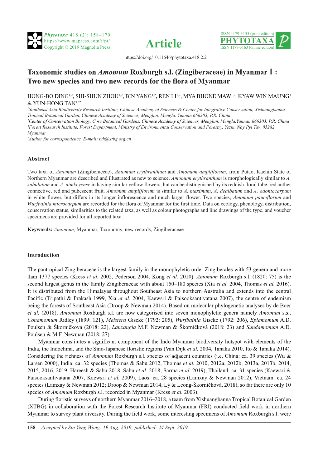 Taxonomic Studies on Amomum Roxburgh S.L. (Zingiberaceae) in Myanmarⅰ: Two New Species and Two New Records for the Flora of Myanmar