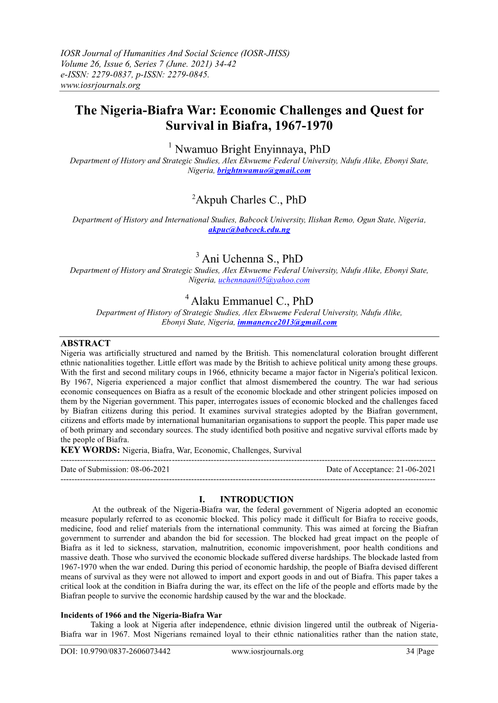 The Nigeria-Biafra War: Economic Challenges and Quest for Survival in Biafra, 1967-1970