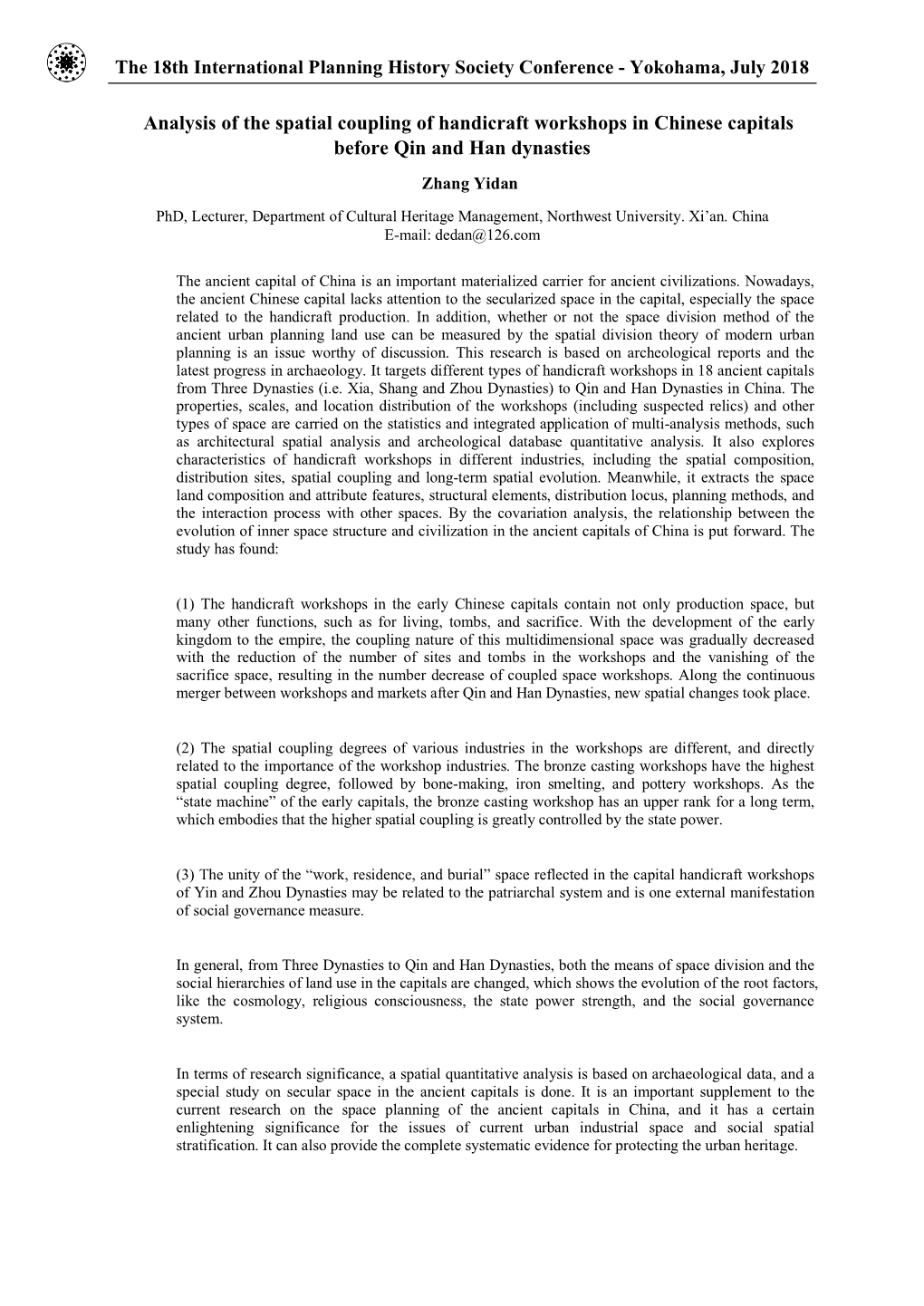 Analysis of the Spatial Coupling of Handicraft Workshops in Chinese Capitals Before Qin and Han Dynasties Zhang Yidan