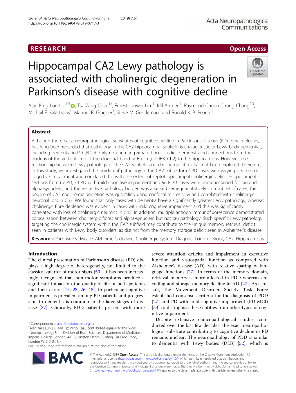 Hippocampal CA2 Lewy Pathology Is Associated with Cholinergic Degeneration in Parkinson's Disease with Cognitive Decline