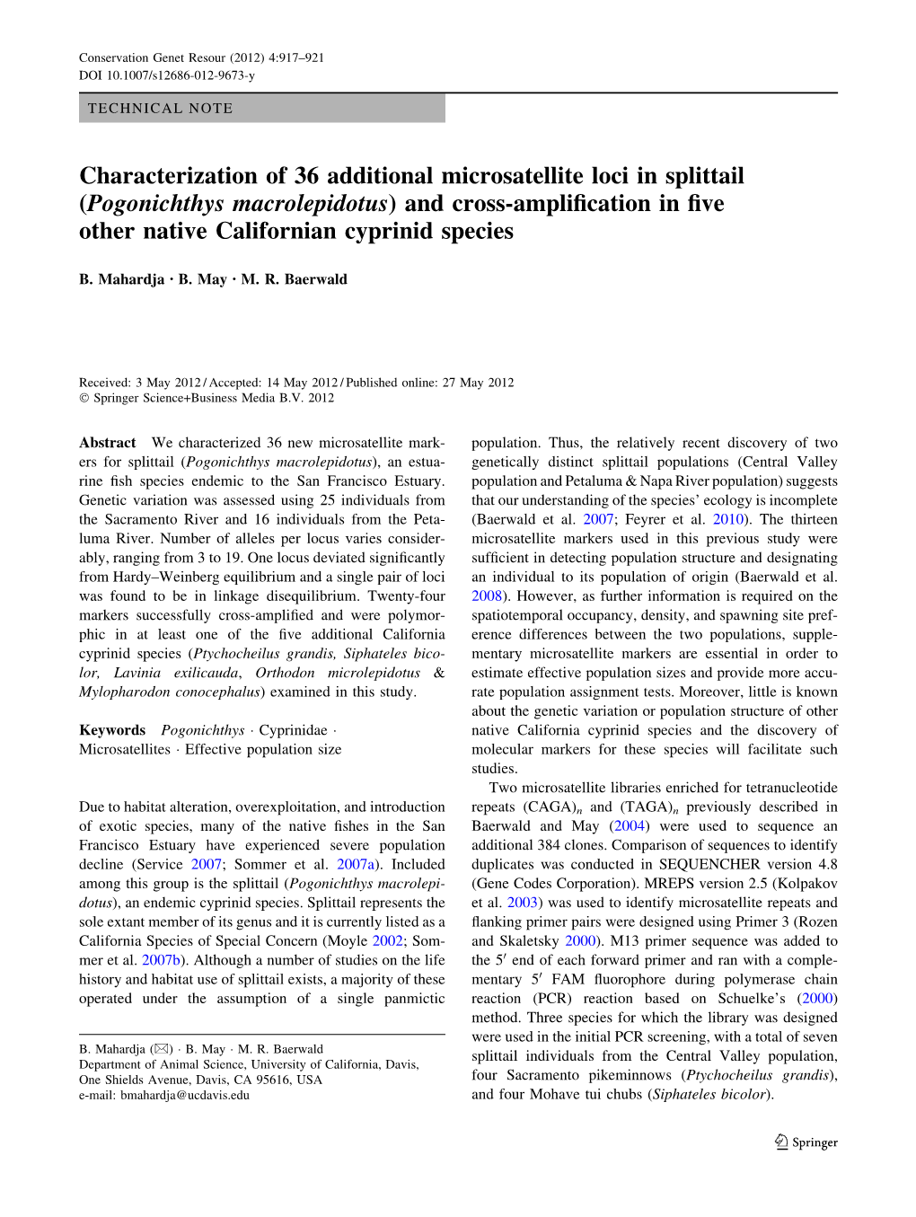 Pogonichthys Macrolepidotus) and Cross-Ampliﬁcation in ﬁve Other Native Californian Cyprinid Species