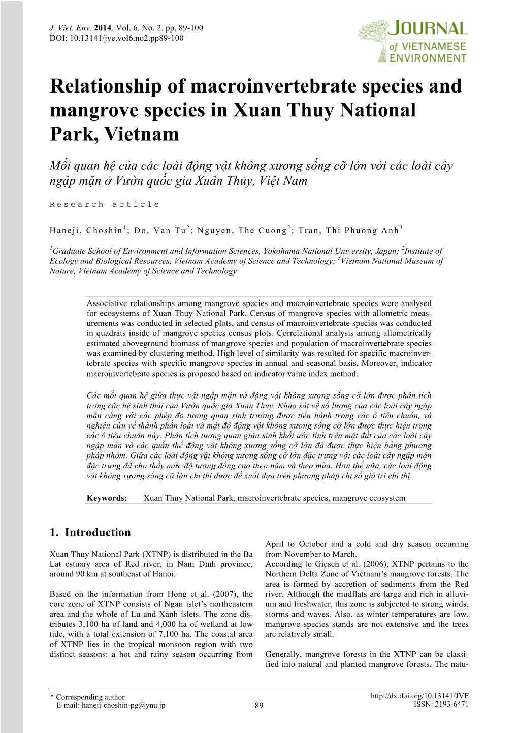 Relationship of Macroinvertebrate Species and Mangrove Species in Xuan Thuy National