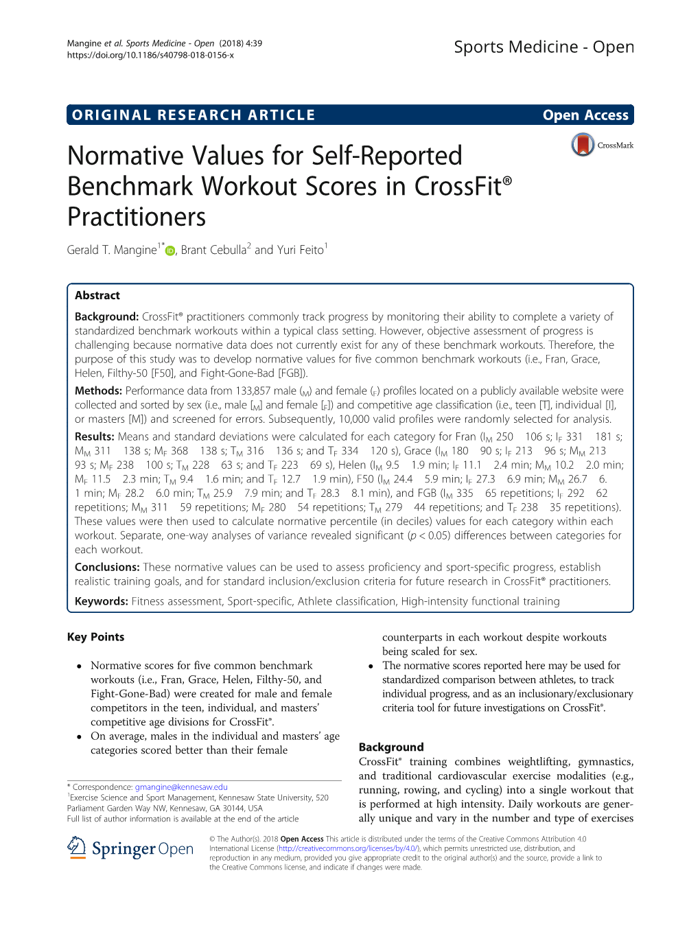 Normative Values for Self-Reported Benchmark Workout Scores in Crossfit® Practitioners Gerald T