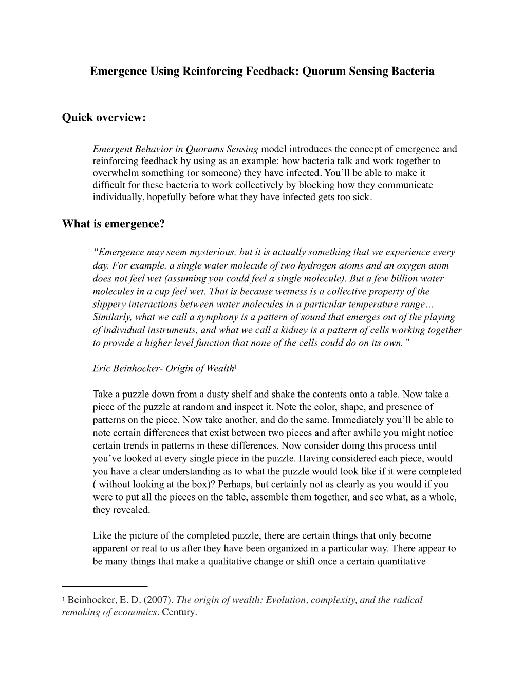 Emergence Using Reinforcing Feedback: Quorum Sensing Bacteria Quick Overview