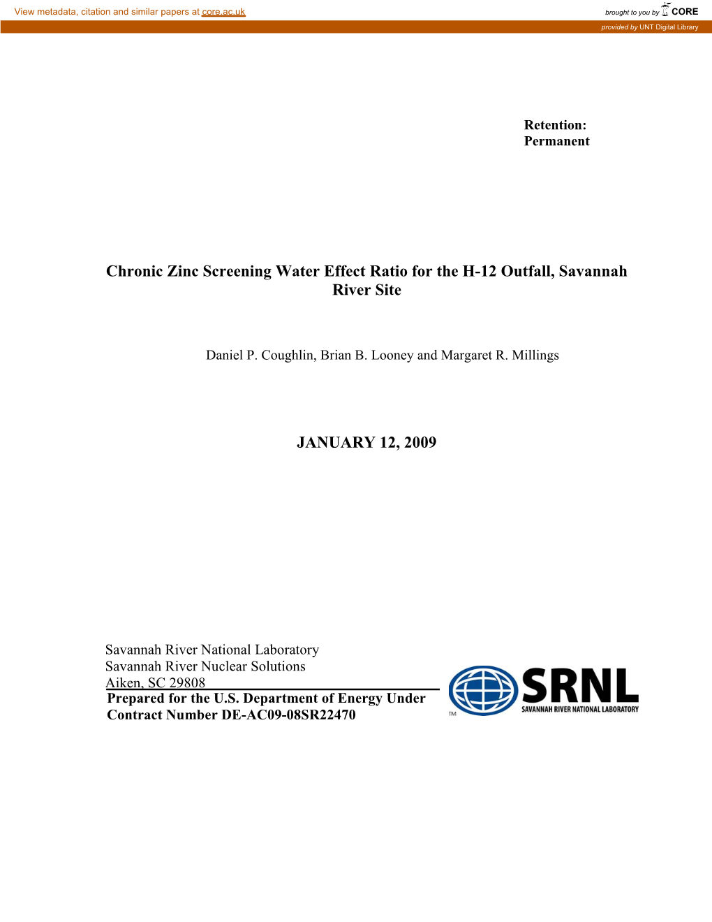 Chronic Zinc Screening Water Effect Ratio for the H-12 Outfall, Savannah River Site