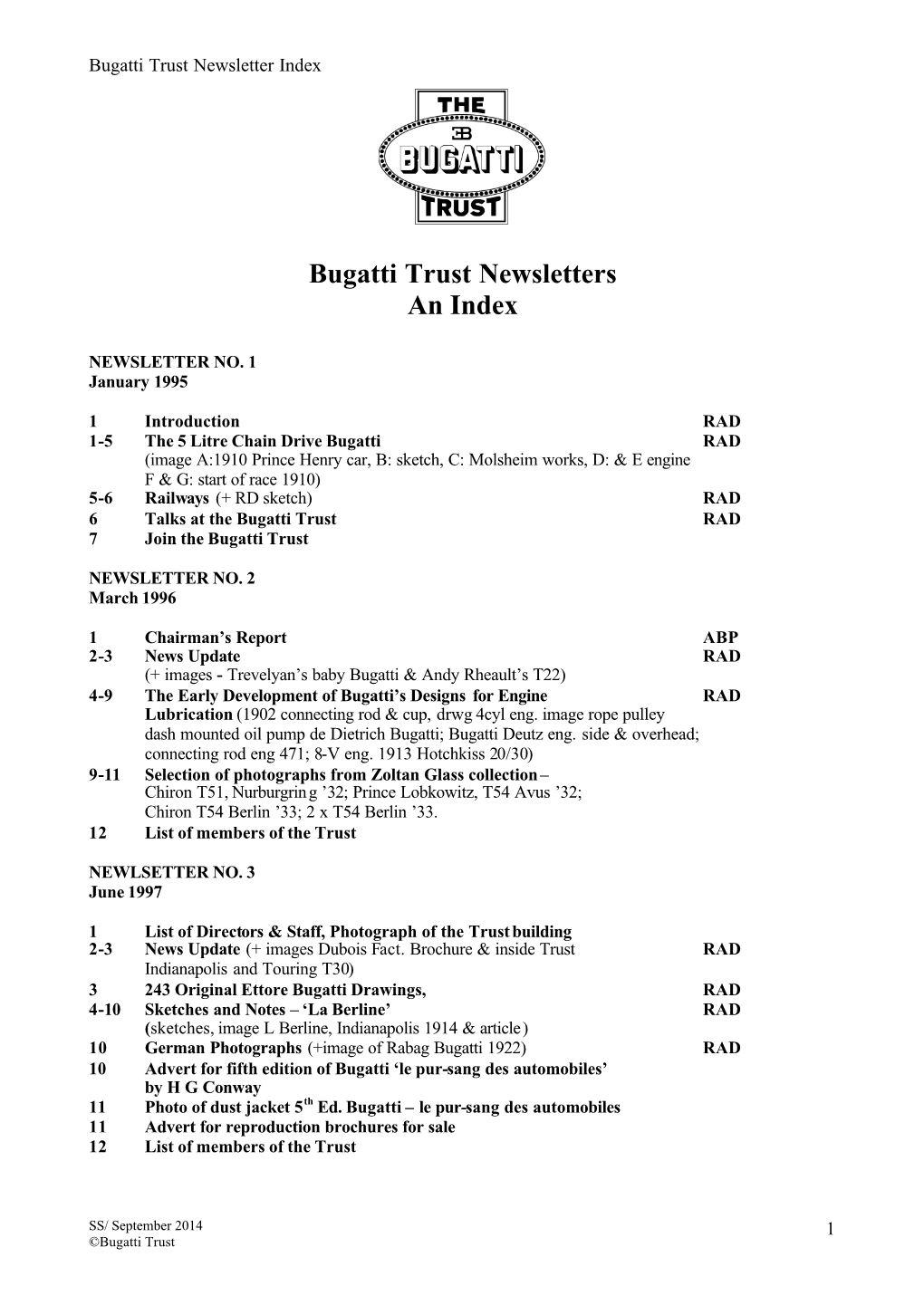 Bugatti Trust Newsletters an Index