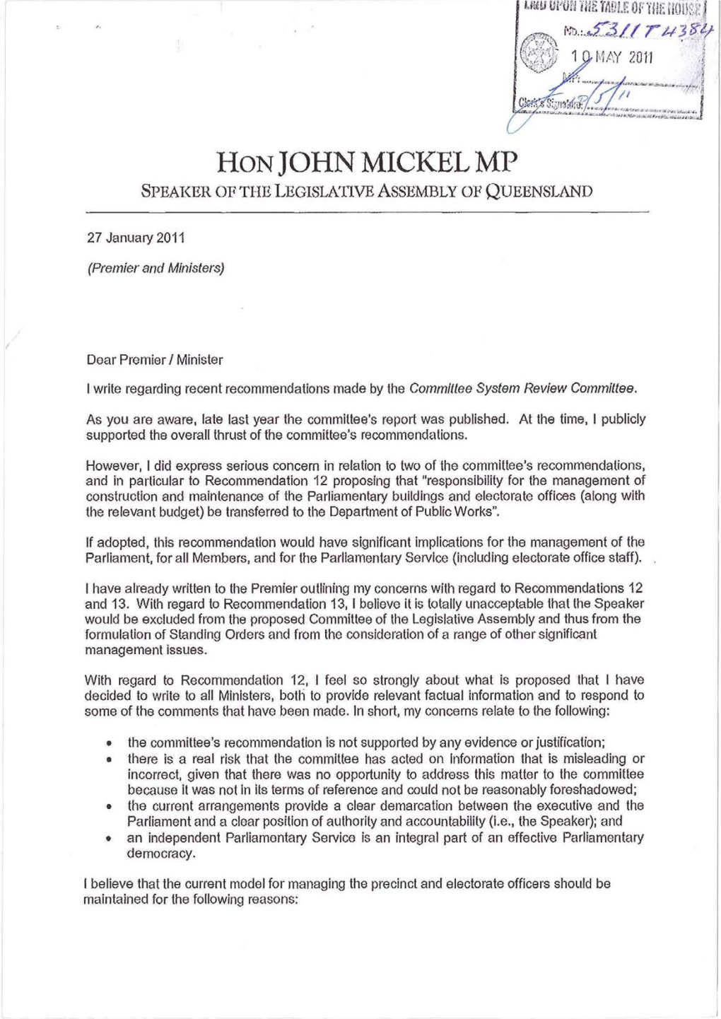 Hon John Mickel Mp Speaker of the Legislative Assembly of Queensland