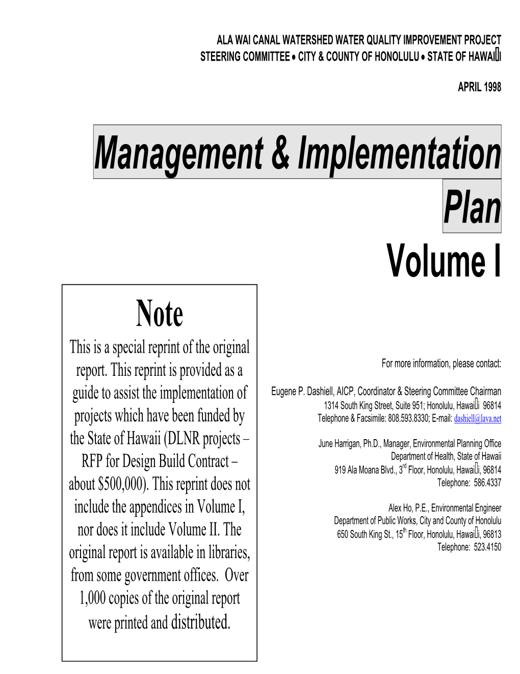 Management & Implementation Plan Volume I