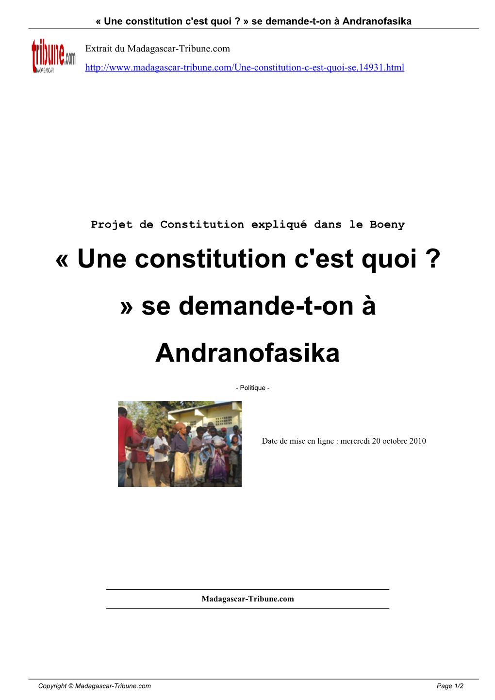 « Une Constitution C'est Quoi ? » Se Demande-T-On À Andranofasika